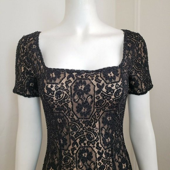 OLEG CASSINI BLACK TIE Size 4 Black & Beige LACE SEQUIN COCKTAIL DRESS - Picture 2 of 11